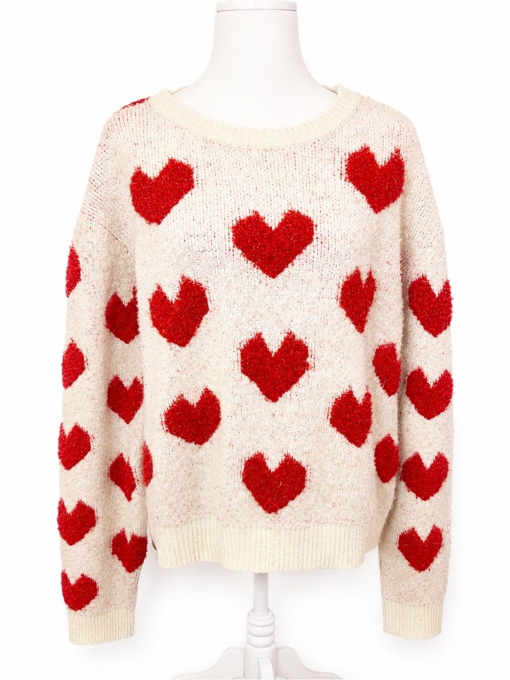 Cream Sweater with Red Heart Pattern - Women's Cozy Knit